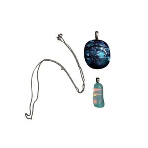 Dichroic Fused Glass Pendant Necklace Set Blue Aqua Iridescent Silver Chain